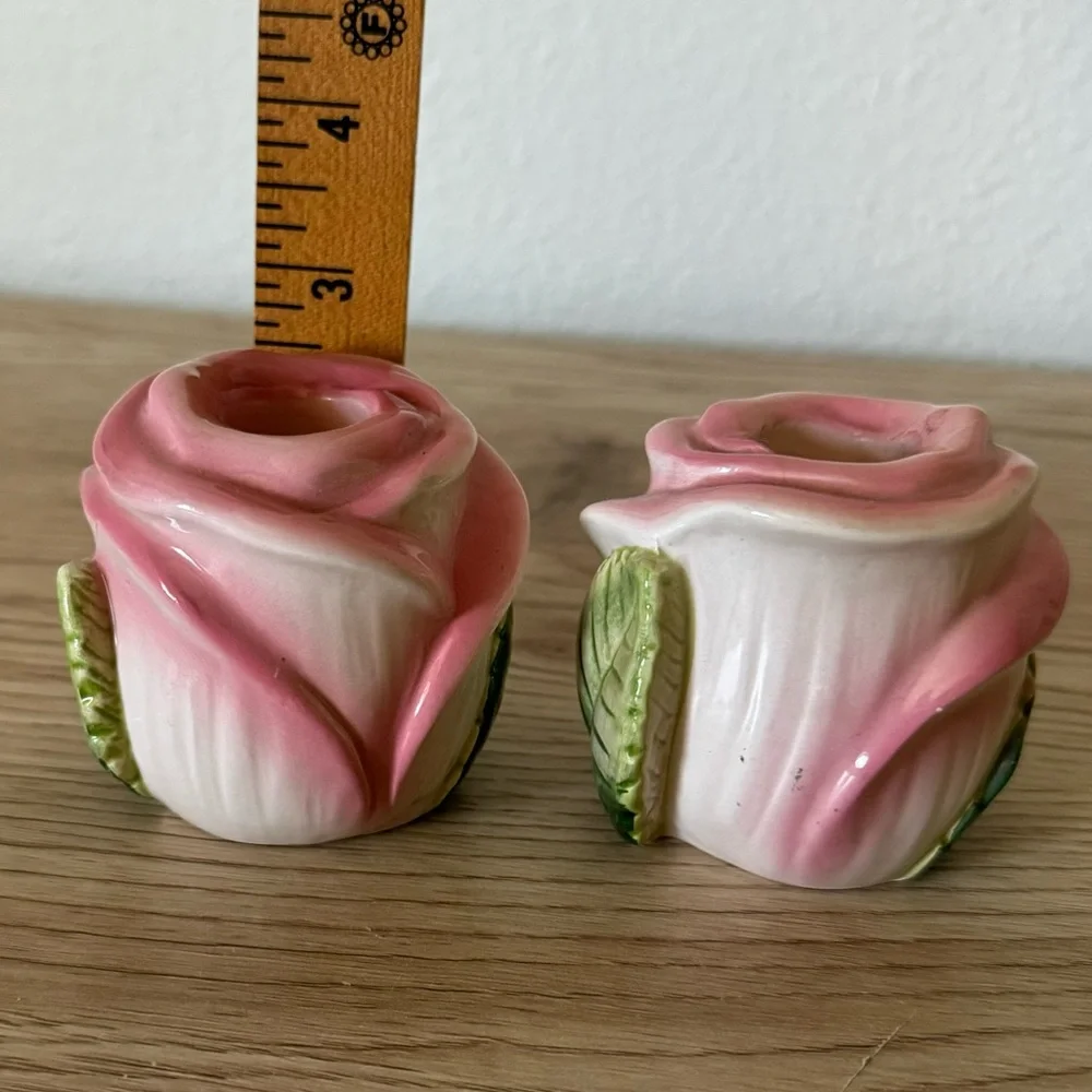 Fitz & Floyd OCI Omnibus Pink Rose‎ Shaped Taper Candle Holders Set of 2 Vintage